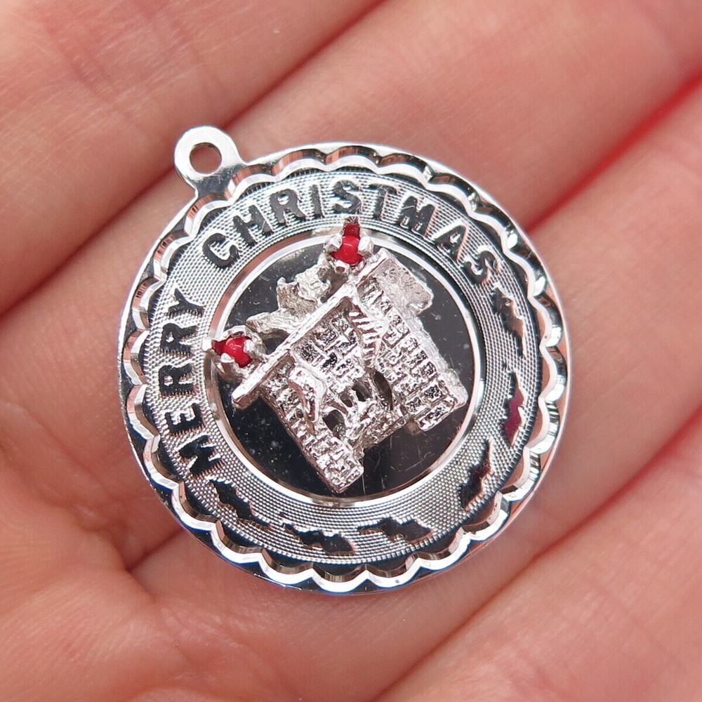 ELCO 925 Sterling Silver Vintage Real Coral Merry Christmas Charm Pendant